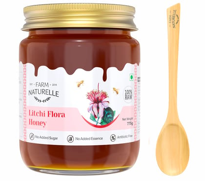 Farm Naturelle-Litchi Flower Wild Forest Honey |700g+75gm Extra and a Wooden Spoon | 100% Pure Natural Honey, Raw Natural Un-Processed - Un-Heated Honey | Lab Tested Litchi Honey in Glass Bottle.