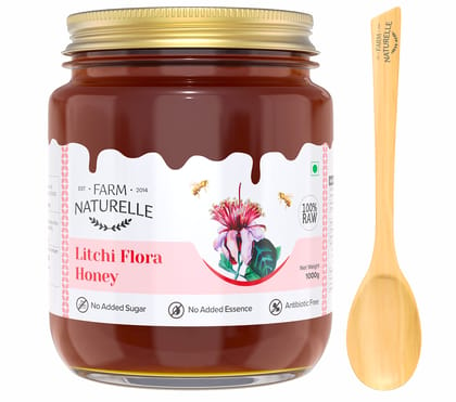 Farm Naturelle-Litchi Flower Wild Forest Honey| 850g+150gm Extra and a Wooden Spoon|100% Pure Honey | Natural Unprocessed Honey | Lab Tested Honey | Glass Bottle.