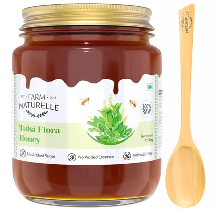 Farm Naturelle-Vana Tulsi Forest Flower Honey|1000g+150gm Extra and a Wooden Spoon| 100% Natural| Ayurved Raw Natural Unprocessed, Unfiltered, Unpasteurized, Lab Tested Honey in Glass Bottle.