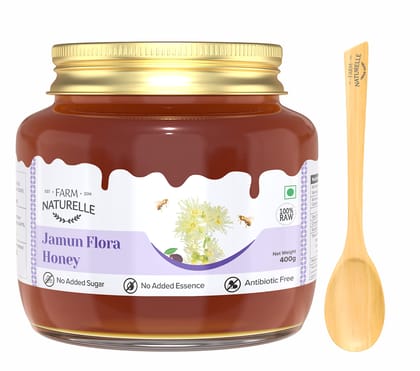 Farm Naturelle - 100% Pure Jamun Honey | Natural Unprocessed Jamun Forest Flowers Honey | 400Gm-Glass Bottle and Extra Wooden Spoon.