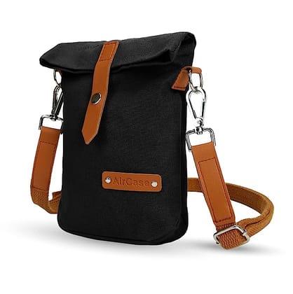AirCase Minimalist Canvas Sling Crossbody Bag for Men & Women, Side Handbag to Carry Phone/Wallet/Keys, Adjustable Shoulder Strap Purse, Easy to Clean, Black- 6 Month Warranty