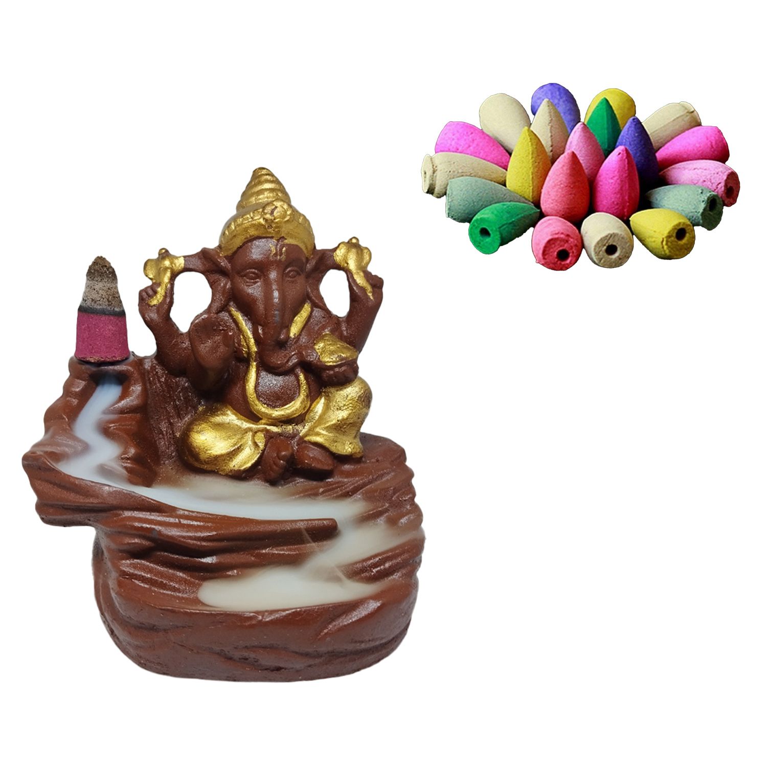 ZURU BUNCH Ganpati Ceramic Idol God of Success and Luck Diwali Gifts, Handcrafted Pure 100% Ceramic Lord Ganesha Smoke Waterfall Cone Incense Holder Decorative showpiece with Free 10 Incense Sticks