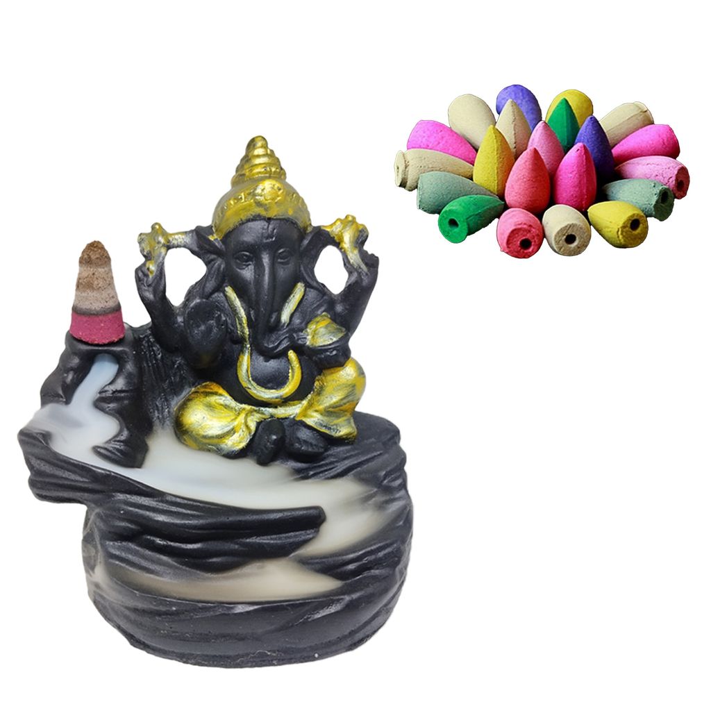 ZURU BUNCH Ganpati Ceramic Idol God of Success and Luck Diwali Gifts, Handcrafted Pure 100% Ceramic Lord Ganesha Smoke Waterfall Cone Incense Holder Decorative showpiece with Free 10 Incense Sticks
