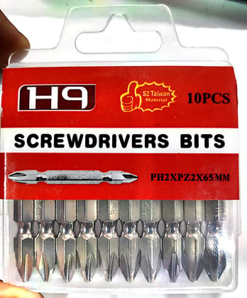 H9 1/4 Hex Double Ended Magnetic Screwdriver Bit PZ2 Ph2 Bits in Chrome Finish S2 Taiwan Screw driver Power Tools (Pack Of 10 Pcs) (Size PZ2 - Ph2 X 65 Mm)