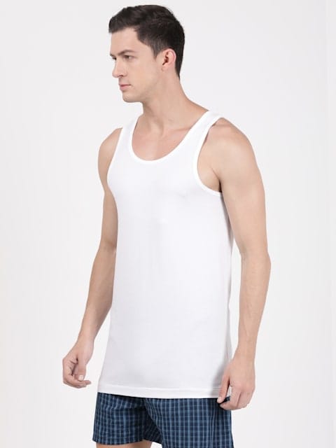 Men's Super Combed Cotton Round Neck Sleeveless Vest with Extended Length for Easy Tuck - White(Pack of 3)