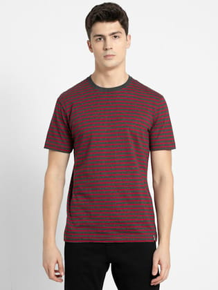 Men's Super Combed Cotton Rich Striped Round Neck Half Sleeve T-Shirt - True Black & Shanghai Red