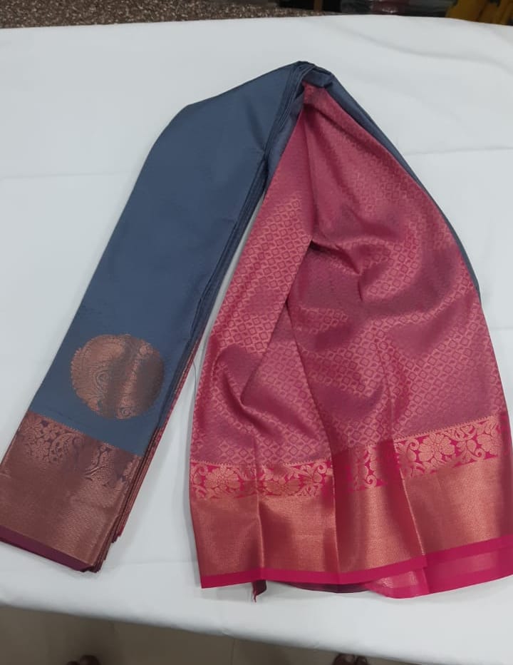 Women Semi Pattu Saree Silk Blend Saree boder butta , grey color saree with pink color pallu and blouse