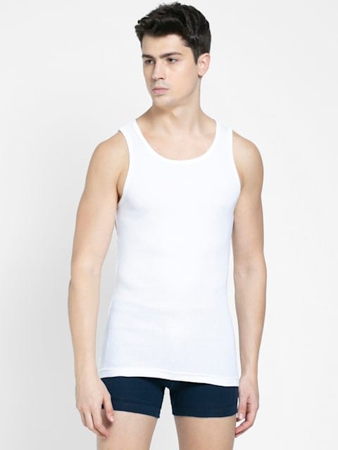 Men's Super Combed Cotton Rib Round Neck Sleeveless Vest with Stay Fresh Properties - White