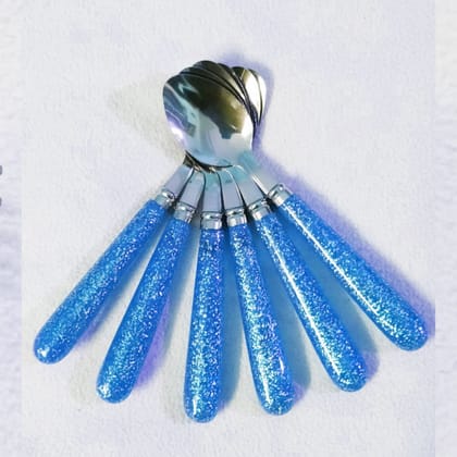Qawvler Spoon Set Plastic Glitter Handle Stainless Steel Pack of 6 (Blue)