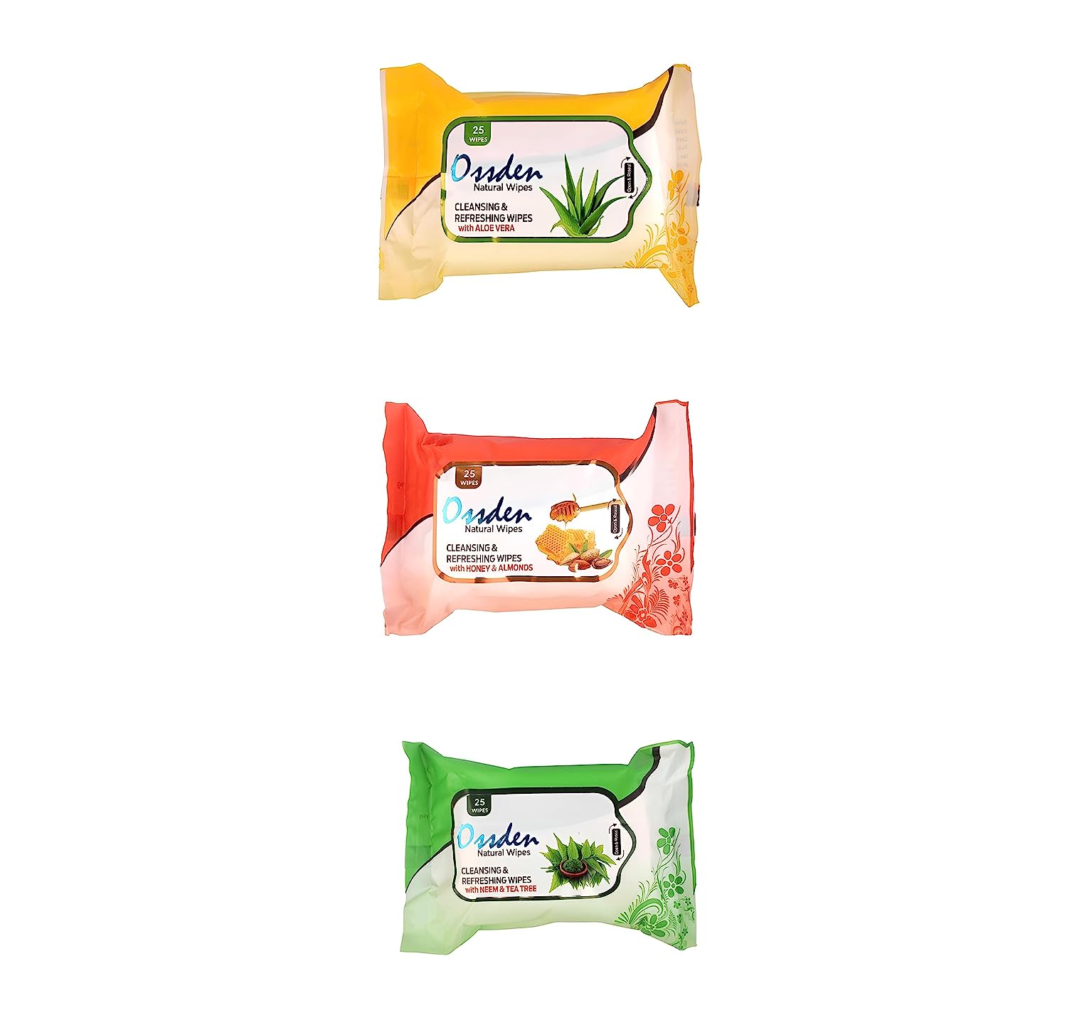 Ossden Cleansing And Refreshing Wipes With Honey And Almonds Natural Wipes 25 Per Wipes (Pack of 3) 75 Wipes
