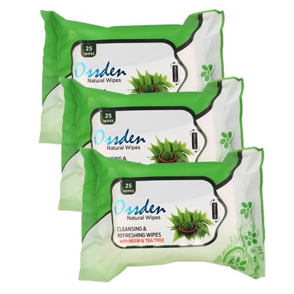 Ossden Cleansing And Refreshing Wipes With Neem AND Tea Tree Natural Wipes 25 Per Wipes (Pack of 3) 75 Wipes