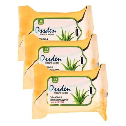 Ossden Cleansing And Refreshing Wipes With Aloe Vera Natural Wipes 25 Per Wipes (Pack of 3) 75 Wipes
