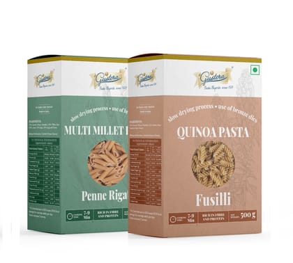 Gustora Combo of Vegetarian Durum Wheat Semolina Quinoa Fusilli Pasta & Multi Millet Penne Rigate Pasta