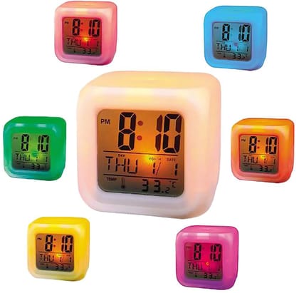 7 Colour Changing LED Digital Alarm Clock Table Watch with Date Time Temperature for Office Bedroom Multicolor ,Plastic