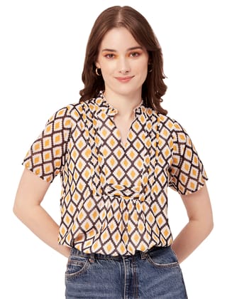 Moomaya Women's Printed Short Sleeves Shirt Top, V-Neck Casual Summer Top