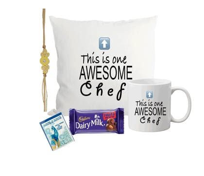 LOOPS N KNOTS Chocolate, Rakhi for Chef Brother with Printed 'This is One Awesome Chef' Cushion, Ceramic Mug, and Rakhi Combo