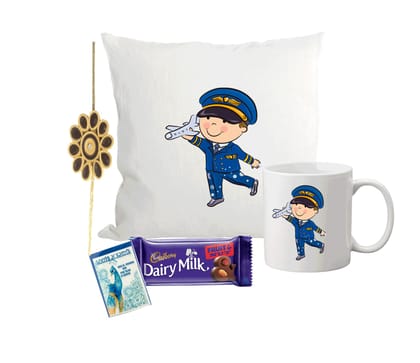 LOOPS N KNOTS Chocolate, Rakhi for Kid Dream Pilot with Printed 'Future Aviator' Cushion, Ceramic Mug, and Rakhi Combo