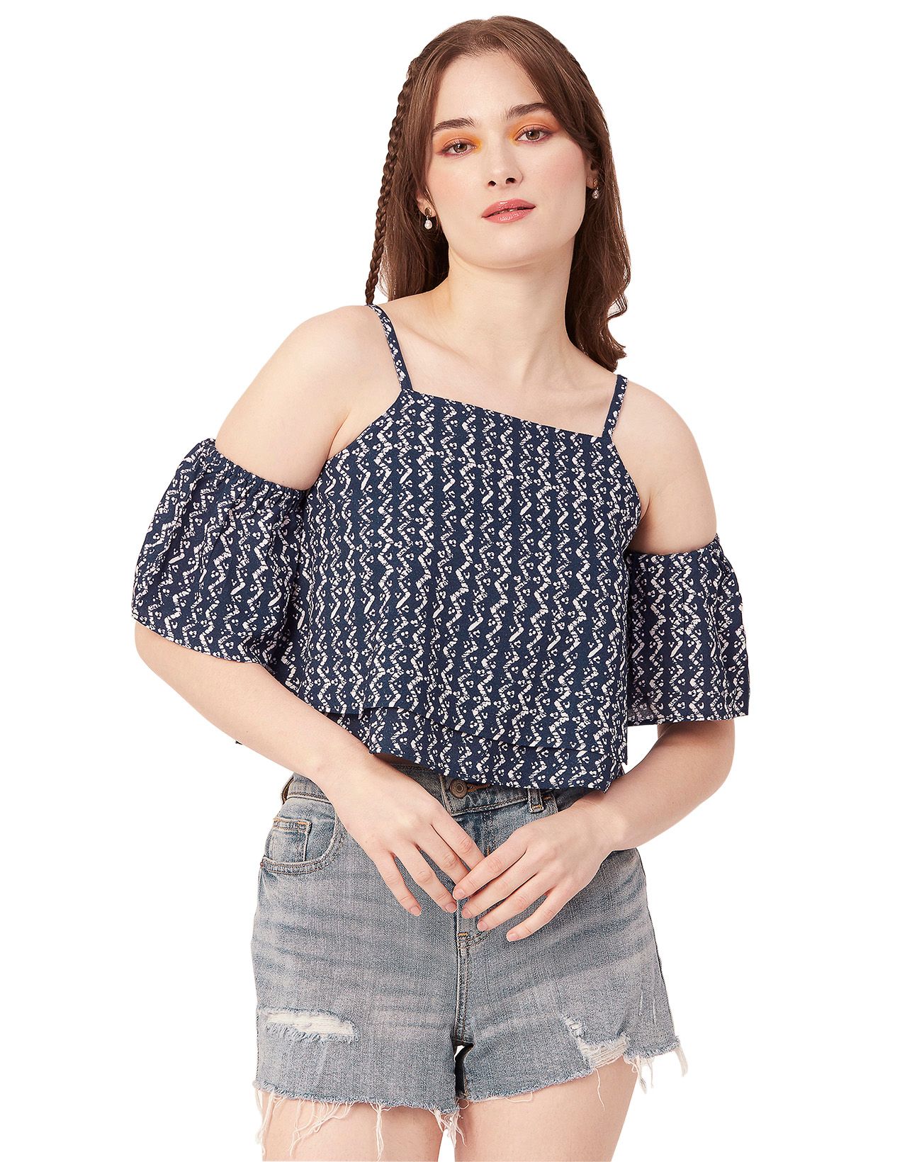 Moomaya Women Printed Off Shoulder Viscose Top, Ruffled Summer Crop Top