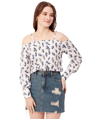 Moomaya Women Printed Long Sleeves Top, Off Shoulder Front Buttoned Shirt