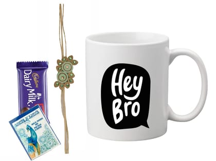 Loops n Knots Gift Hamper: Chocolate with 'Hey Bro' Printed Mug, Rakhi, and Roli Chawal for Tilak