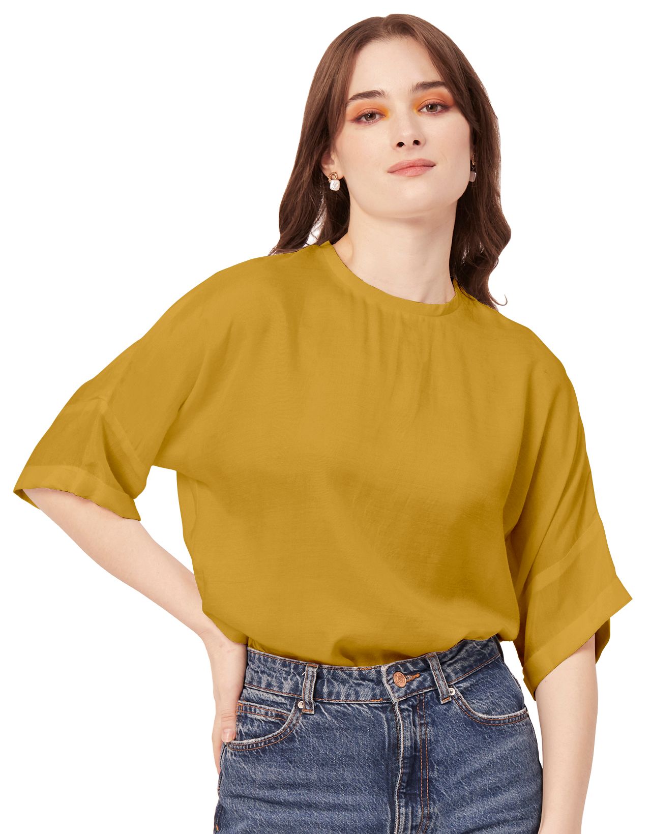 Moomaya Solid Viscose Top For Women, Pastel Colors, Elbow Sleeve Summer Top