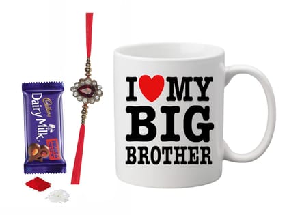 Loops n Knots Gift Hamper: Chocolate with 'I Love My Big Brother' Printed Mug, Rakhi, and Roli Chawal for Tilak