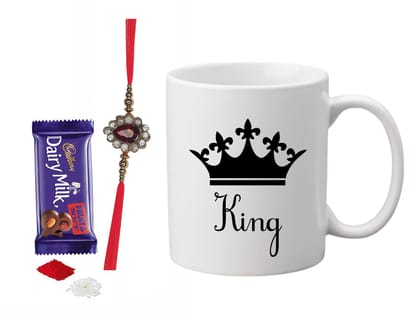 Loops n Knots King Gift Hamper: Chocolate with 'King' Printed Mug, Rakhi, and Roli Chawal for Tilak