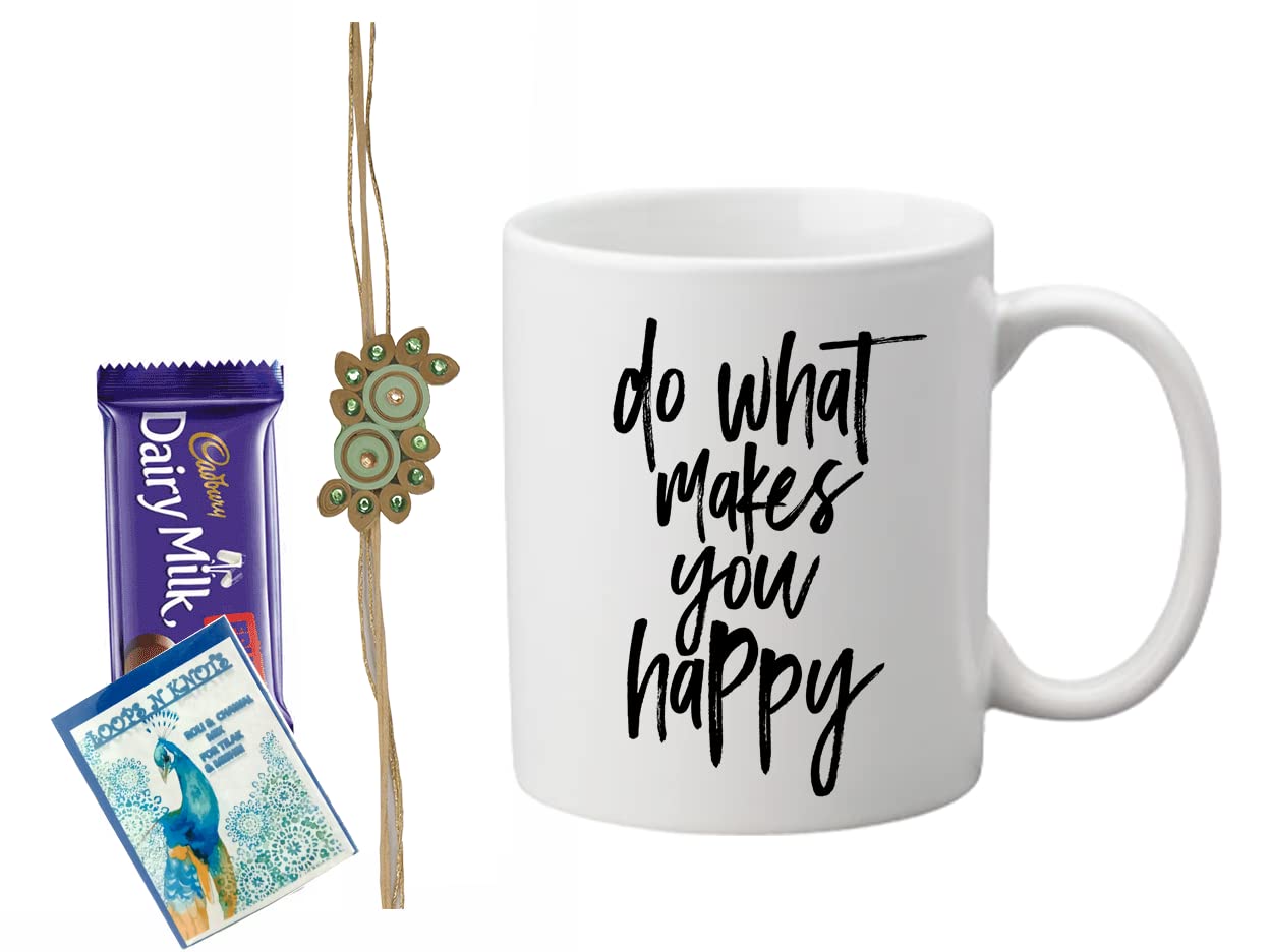 Loops n Knots Gift Hamper: Chocolate with 'Do What Makes You Happy' Printed Mug, Rakhi, and Roli Chawal for Tilak