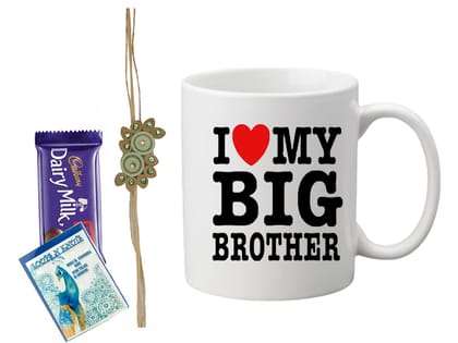 Loops n Knots Gift Hamper: 'I Love My Big Brother' Paper Rakhi with Chocolate and Roli Chawal for Tilak
