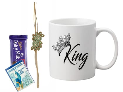 Loops n Knots Gift Hamper: King Printed Mug with Chocolate, and Roli Chawal