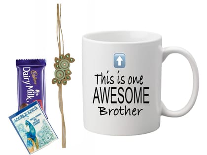 Loops n Knots This One is Awesome Brother Gift Hamper: Printed Mug, Chocolate, and Rakhi with Roli Chawal
