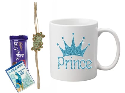 Loops n Knots Prince Gift Hamper: Printed Mug, Chocolate, and Rakhi with Roli Chawal