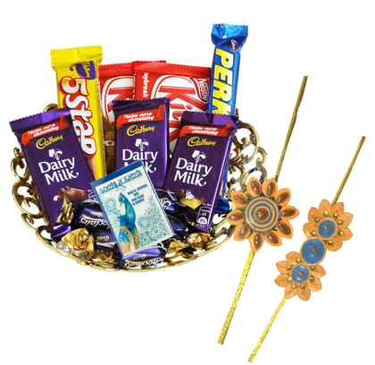 Loops n Knots Rakhi Bliss: Golden Basket Gift Set with 7 Chocolates, 2 Paper Rakhis, Roli Chawal