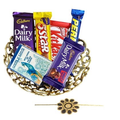 Loops n Knots Golden Basket Gift Set: 5 Chocolates, 1 Paper Flower Rakhi, Roli Chawal