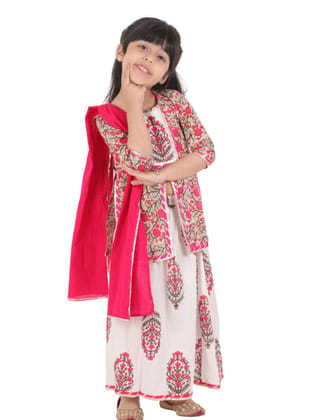 Pure Cotton Printed Girls Kurti Skirt Dupatta Set Pink