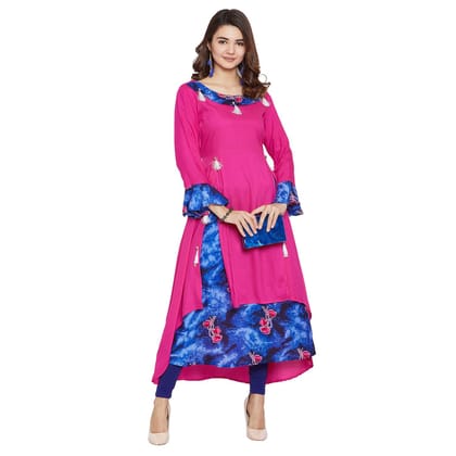 AgrohA Women's Pink solid rayon printed A-line Flared long kurta, kurti with tassles