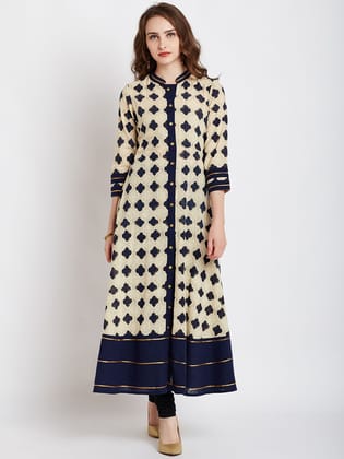 AgrohA Women's Cotton Cream and Navy Blue Coloured Printed A Line Kurta (ABC21-XL_X-Large)