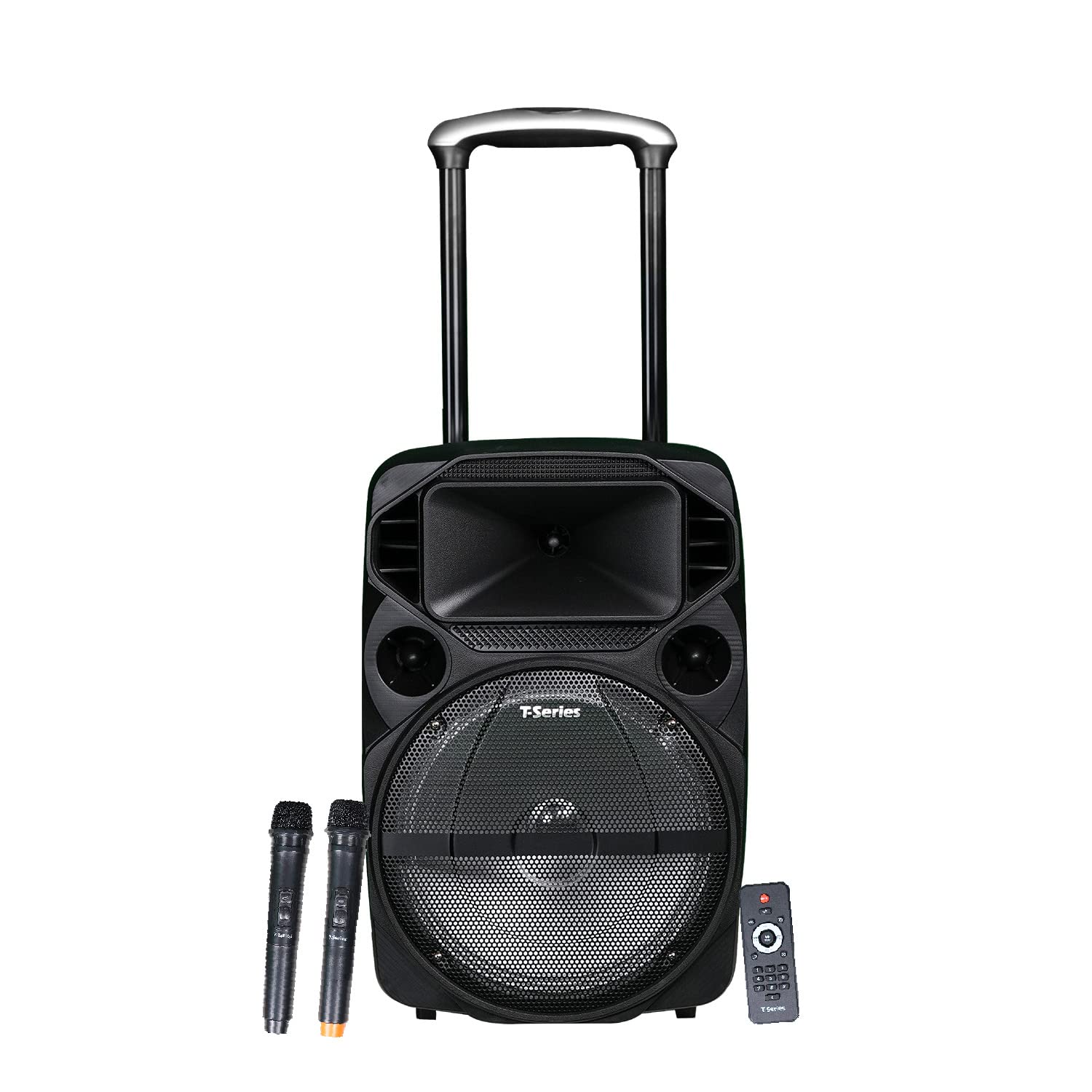 T-Series TR-12K Bluetooth Trolly Speaker With 2 Cordless Mic 40 Watt Bluetooth PA Speaker system With Digital Display AUX / IP ,USB ,SD /MMC , Bluetooth supported with Wired MIC Input , Karaoke Ambience Light With multi functional remote Control .