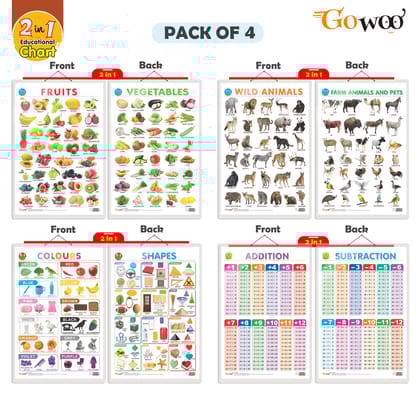 Set of 4 |  2 IN 1 COLOURS AND SHAPES, 2 IN 1 FRUITS AND VEGETABLES, 2 IN 1 WILD AND FARM ANIMALS & PETS and 2 IN 1 ADDITION AND SUBTRACTION Early Learning Educational Charts for Kids