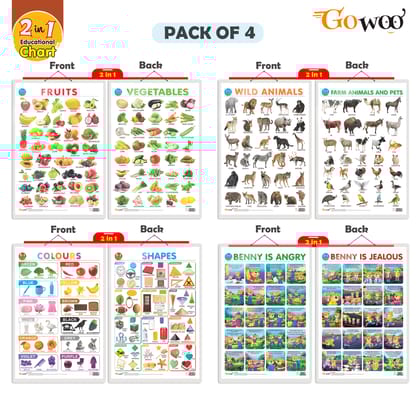 Set of 4 |  2 IN 1 COLOURS AND SHAPES, 2 IN 1 FRUITS AND VEGETABLES, 2 IN 1 WILD AND FARM ANIMALS & PETS and 2 IN 1 BENNY IS ANGRY AND BENNY IS JEALOUS Early Learning Educational Charts for Kids