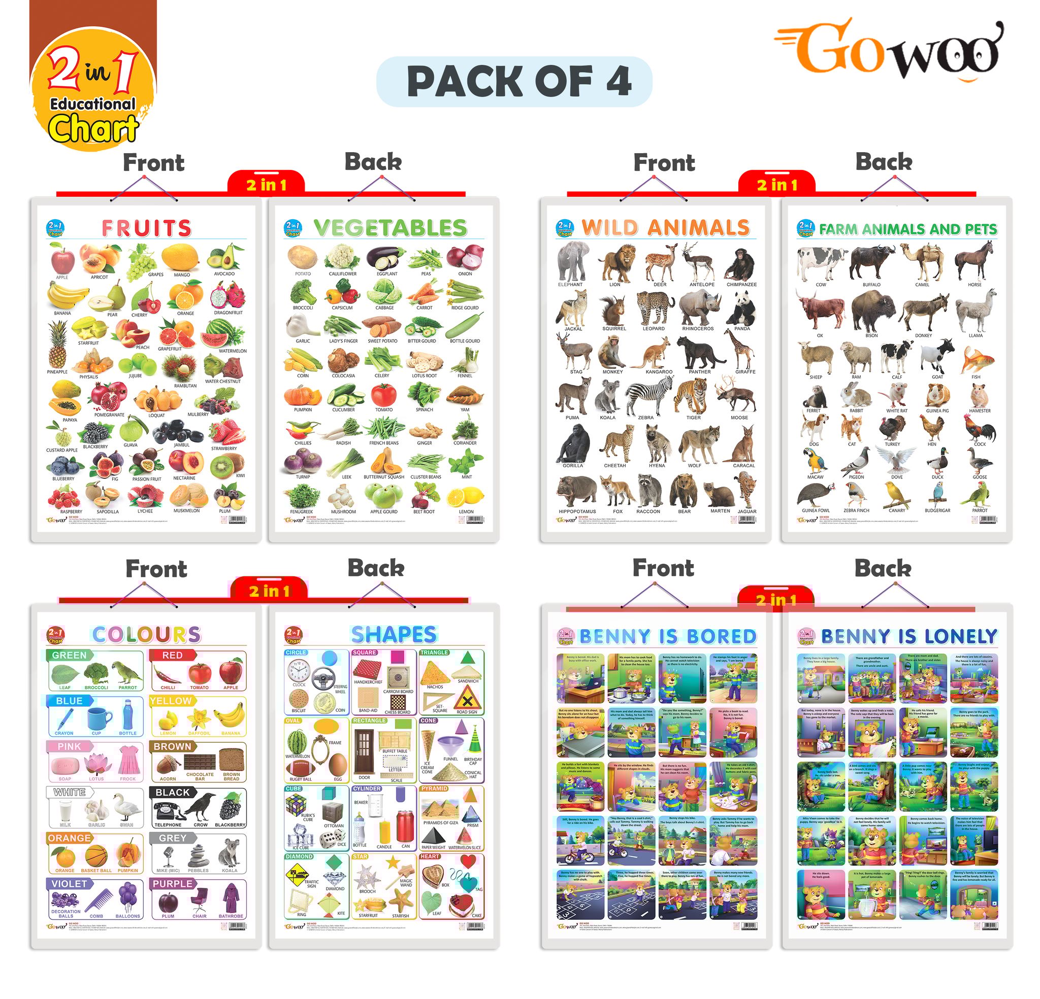 Set of 4 | 2 IN 1 COLOURS AND SHAPES, 2 IN 1 FRUITS AND VEGETABLES, 2 IN 1 WILD AND FARM ANIMALS & PETS and 2 IN 1 BENNY IS BORED AND BENNY IS LONELY Early Learning Educational Charts for Kids