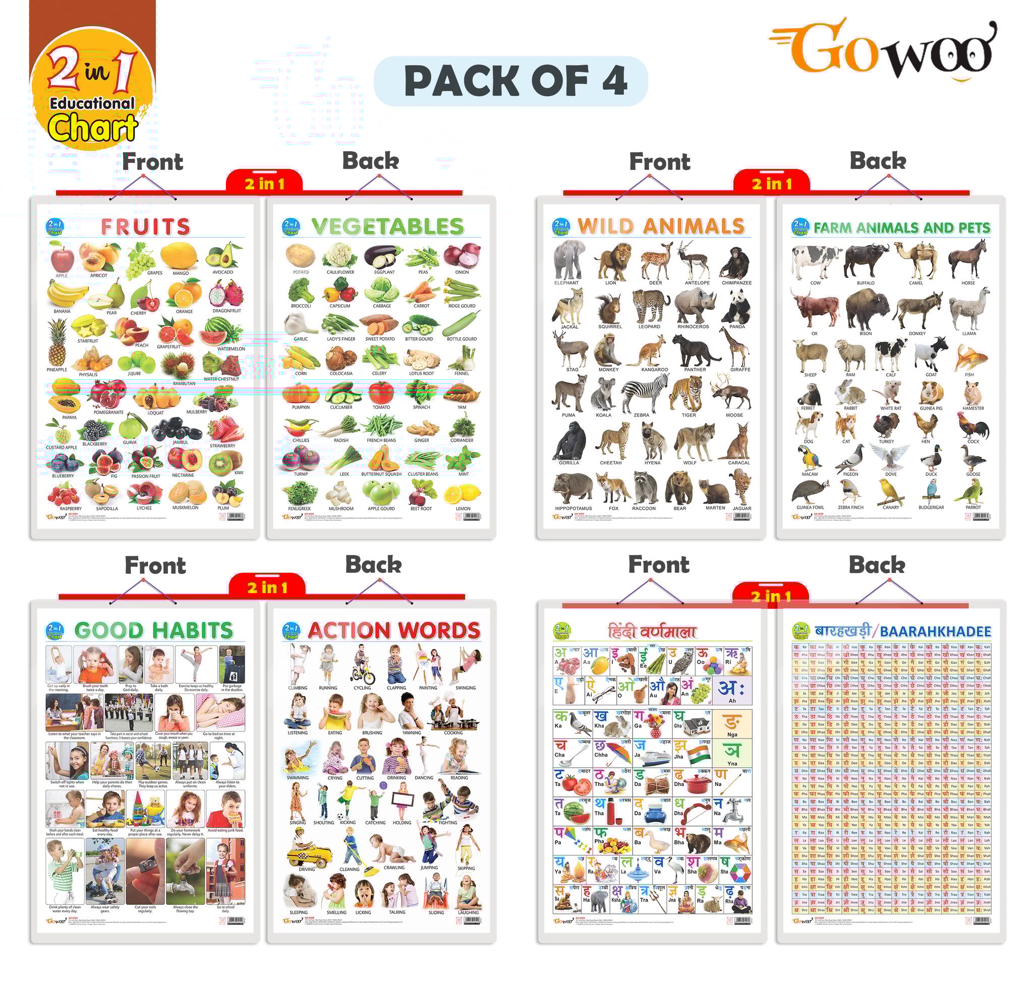 Set of 4 |  2 IN 1 FRUITS AND VEGETABLES, 2 IN 1 WILD AND FARM ANIMALS & PETS, 2 IN 1 GOOD HABITS AND ACTION WORDS and 2 IN 1 HINDI VARNMALA AND BAARAHKHADEE Early Learning Educational Charts for Kids