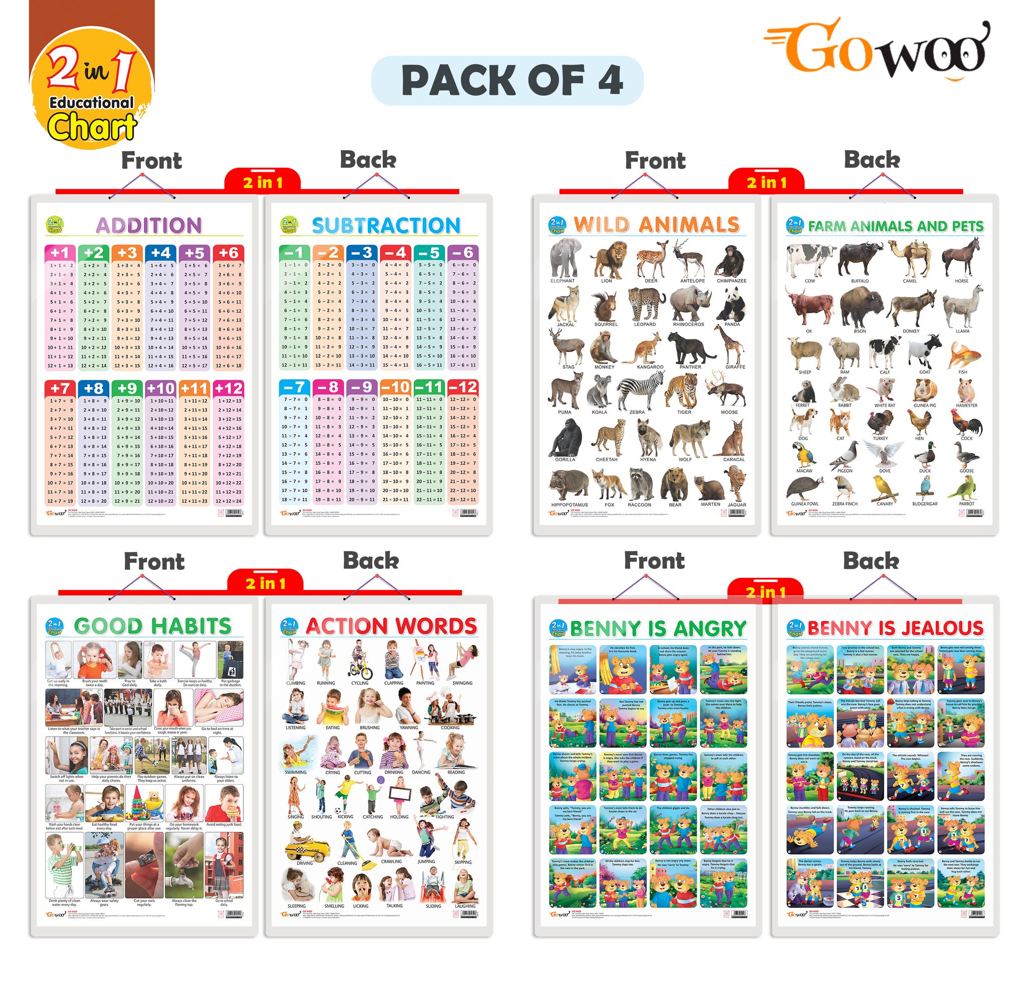 Set of 4 | 2 IN 1 WILD AND FARM ANIMALS & PETS, 2 IN 1 GOOD HABITS AND ACTION WORDS, 2 IN 1 ADDITION AND SUBTRACTION and 2 IN 1 BENNY IS ANGRY AND BENNY IS JEALOUS