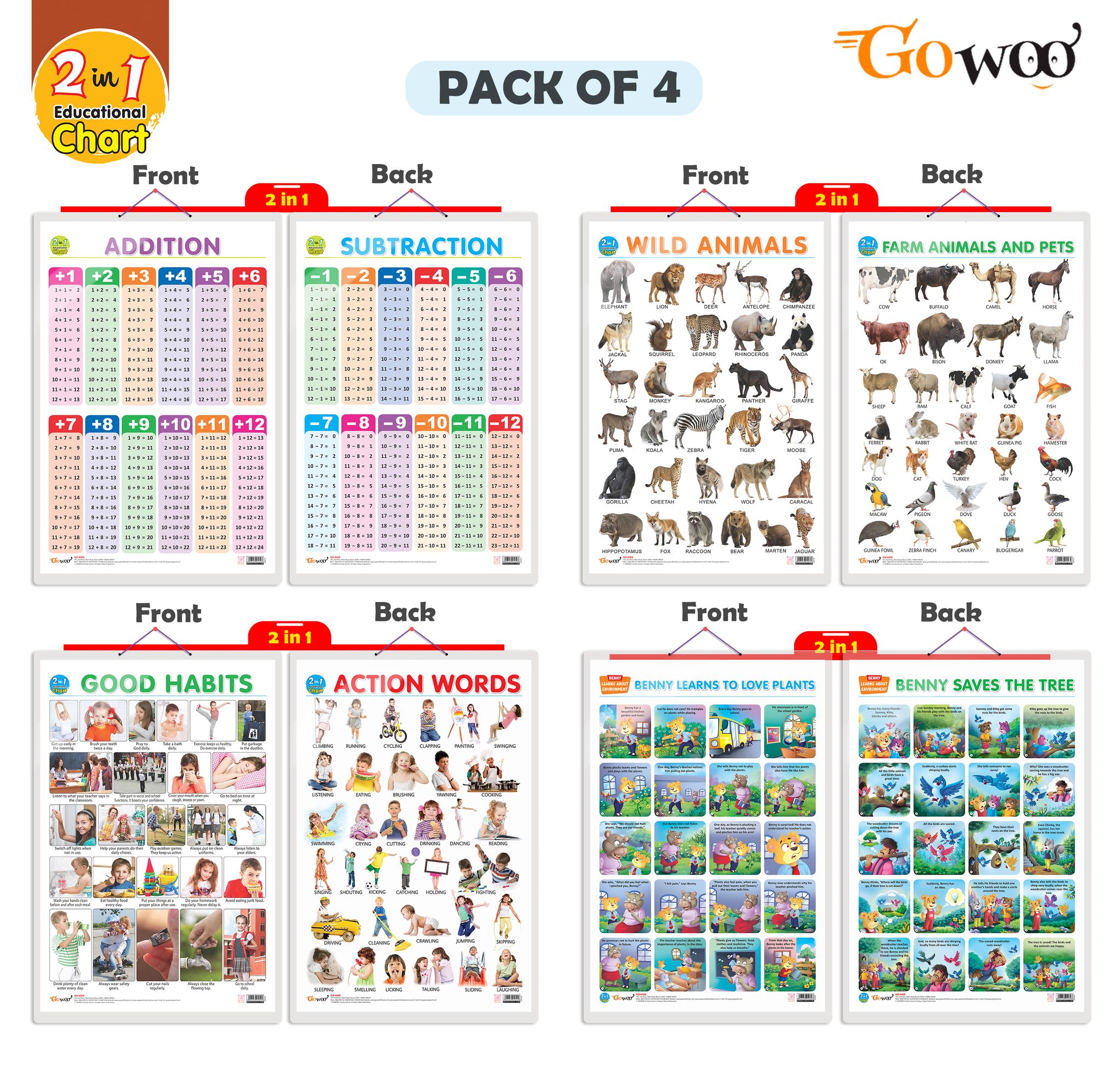Set of 4 | 2 IN 1 WILD AND FARM ANIMALS & PETS, 2 IN 1 GOOD HABITS AND ACTION WORDS, 2 IN 1 ADDITION AND SUBTRACTION and 2 IN 1 BENNY LEARNS TO LOVE PLANTS AND BENNY SAVES THE TREE
