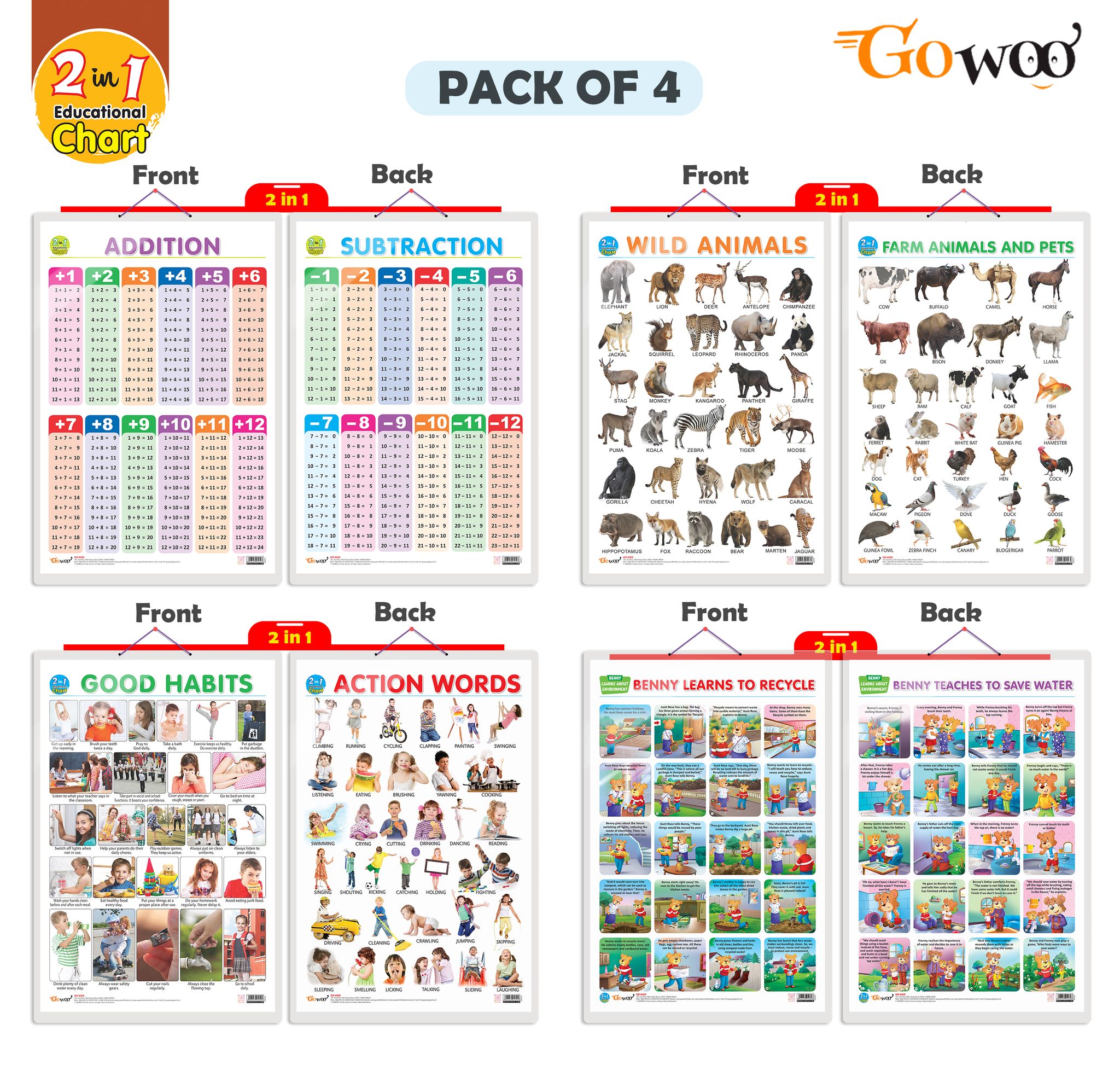 Set of 4 | 2 IN 1 WILD AND FARM ANIMALS & PETS, 2 IN 1 GOOD HABITS AND ACTION WORDS, 2 IN 1 ADDITION AND SUBTRACTION and 2 IN 1 BENNY LEARNS TO RECYCLE AND BENNY TEACHES TO SAVE WATER