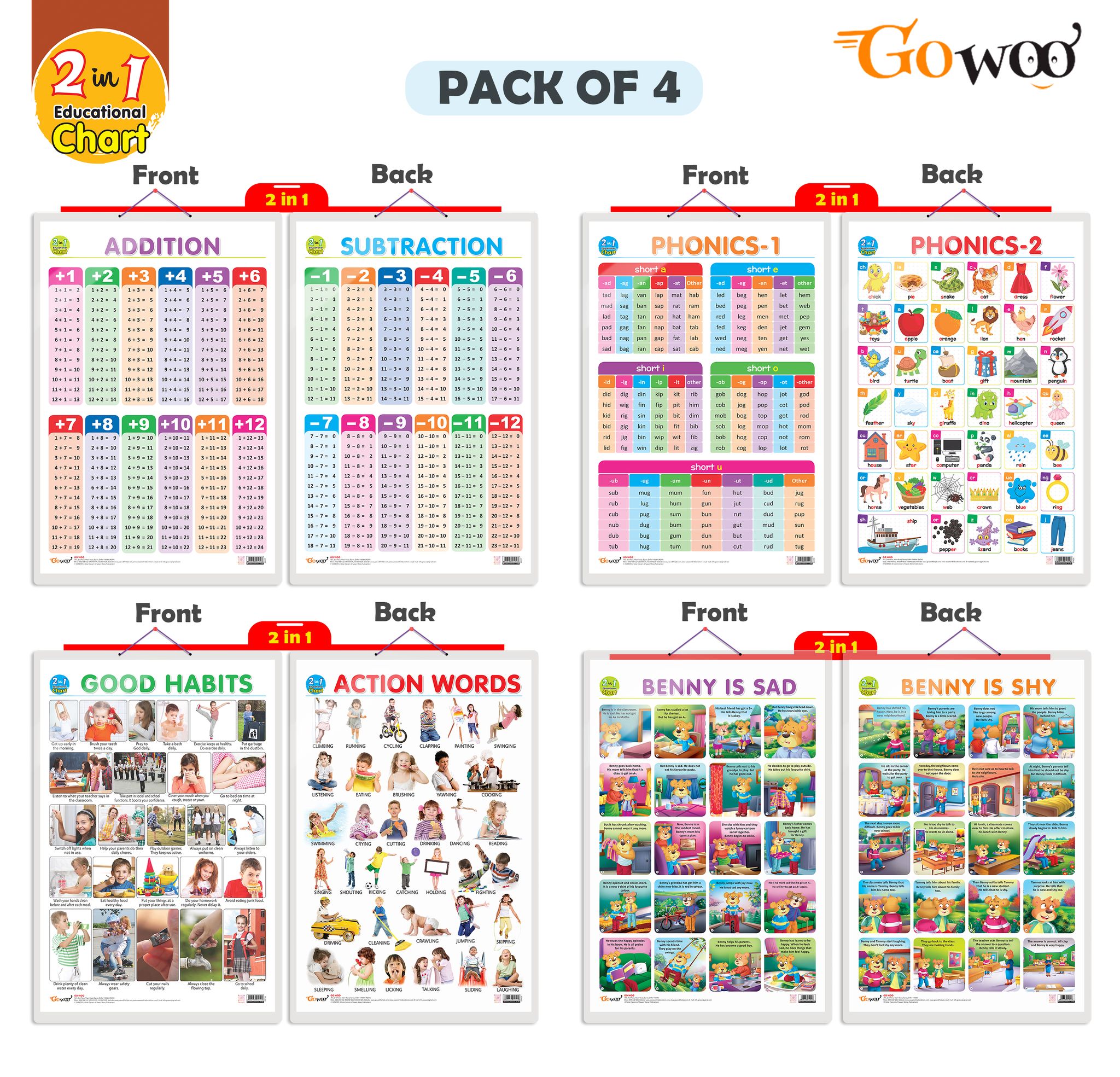 Set of 4 | 2 IN 1 GOOD HABITS AND ACTION WORDS, 2 IN 1 ADDITION AND SUBTRACTION, 2 IN 1 PHONICS 1 AND PHONICS 2 and 2 IN 1 BENNY IS SAD AND BENNY IS SHY