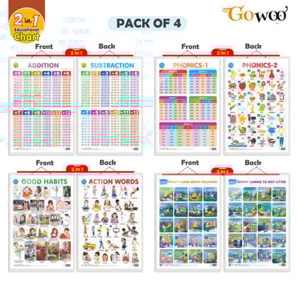 Set of 4 |  2 IN 1 GOOD HABITS AND ACTION WORDS, 2 IN 1 ADDITION AND SUBTRACTION, 2 IN 1 PHONICS 1 AND PHONICS 2 and 2 IN 1 BENNY LEARNS ABOUT POLLUTION AND BENNY LEARNS NOT TO LITTER