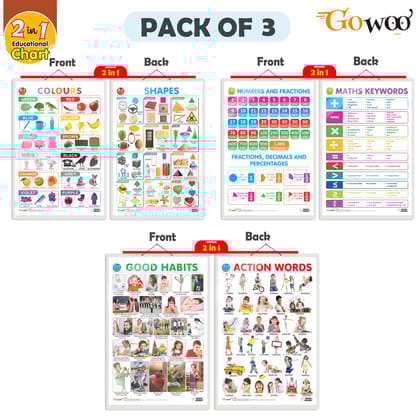 Set of 3 | 2 IN 1 NUMBER & FRACTIONS AND MATHS KEYWORDS, 2 IN 1 COLOURS AND SHAPES and 2 IN 1 GOOD HABITS AND ACTION WORDS Early Learning Educational Charts for Kids