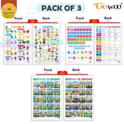 Set of 3 | 2 IN 1 NUMBER & FRACTIONS AND MATHS KEYWORDS, 2 IN 1 COLOURS AND SHAPES AND 2 IN 1 BENNY IS ANGRY AND BENNY IS JEALOUS Early Learning Educational Charts for Kids