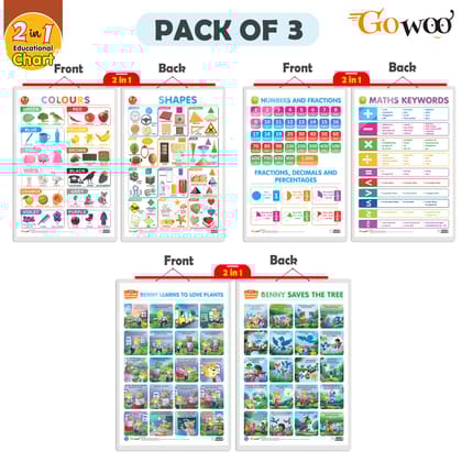 Set of 3 |2 IN 1 NUMBER & FRACTIONS AND MATHS KEYWORDS, 2 IN 1 COLOURS AND SHAPES and 2 IN 1 BENNY LEARNS TO LOVE PLANTS AND BENNY SAVES THE TREE Early Learning Educational Charts for Kids
